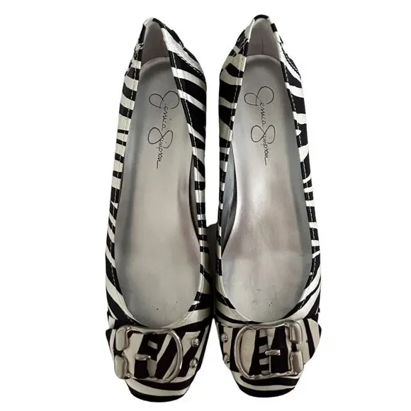 Jessica Simpson Black White Zebra Fabric Wedge Sz 7.5 Kitten Heel Buckle JS-DAFA - Picture 10 of 10